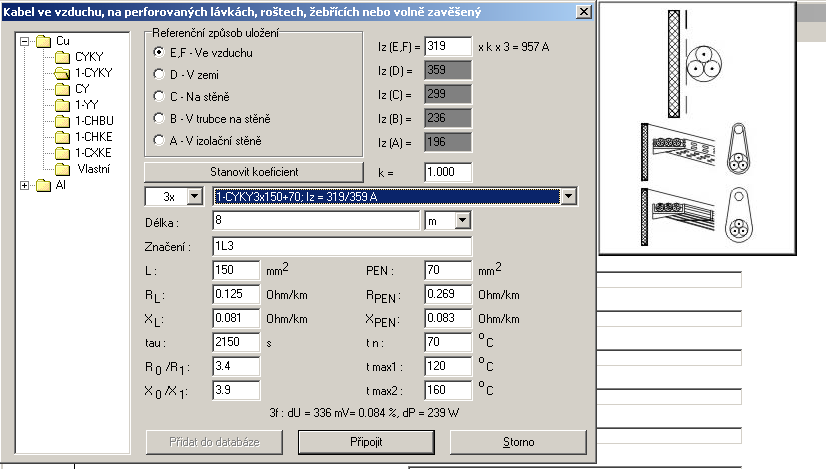 obr. 65 Volíme 3 paralelní kabely 1-CYKY 3x150+70, v souladu se zadáním uložení ve vzduchu a délku 8 m. Klikneme na tlačítko Stanovit koeficient. Zobrazí se nám dialogový panel pro upřesnění uložení.