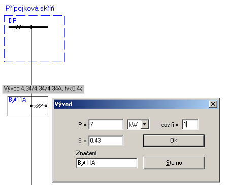 všechny vývody a současně zadáme jejich parametry. Pro ilustraci je dále ukázáno zadání parametrů k vývodu představujícímu krajní byt v 1. podlaží: obr.