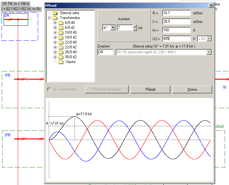 obr. 88 Dále musíme specifikovat zdroj. Obvykle jím je distribuční transformátor vn/nn. V našem případě ale neznáme jeho velikost, ani neznáme parametry následných úseků vedení.
