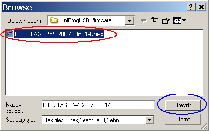 7) V případě, že je vše v pořádku, zobrazí se okno AVR PROGu. Tlačítkem Browse zvolte soubor s programem, který chcete do výukové desky zapsat.