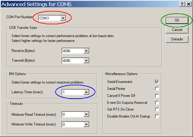 16) V okně Advanced Settings for COMx změňte COM port na hodnotu 1 4 (vyznačeno červeně). Při výběru mějte na paměti, že se zvolená hodnota nesmí být shodná s jiným zařízením.