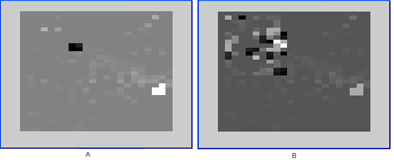 Obrázek 10: Matice diferencí orientací po provedení výpočtu Poincaré indexu. A, kvalitní snímek, čtyři elementy o hodnotě pi jsou znázorněny černou barvou, představují vrchol.