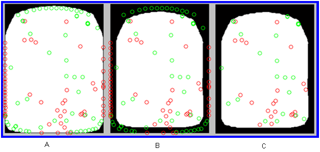 Obrázek 17: Znázorňující tři kroky algoritmu odstranění falešných značek; A, obálka otisku se znázorněnými značkami, včetně falešných na okraji; B, obálka po osmi iteracích erodování, falešně značky