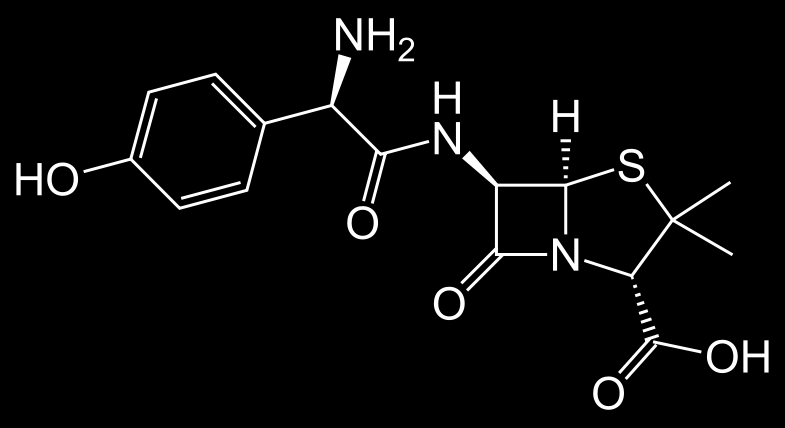 2.2 Amoxicilin 2.2.1 Názvosloví a chemická struktura Chemické názvosloví podle IUPAC: (2S, 5R, 6R)-6-[(2R)-2-amino-2-(p-hydroxyfenyl)acetamido]-3,3-dimethyl-7-oxo-4-thia-1- azabicyklo[3.2.0]heptan-2-karboxylová kyselina Chemická struktura: 2.