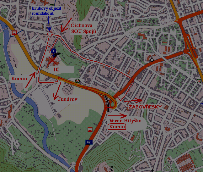 Mapa Jih Map South část #2 part #2 Červeně jsou silniční ukazatele. Modře jsou orientační informace. Ze silnice č. 42 použijte odbočku Komín.