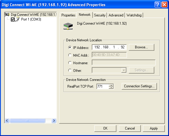 Network IP adresu, TCP port, na záložce Security povolit šifrování TLS v.1.0 128-bit AES a zvolit číslo TCP portu pro šifrovaný přenos sítí.