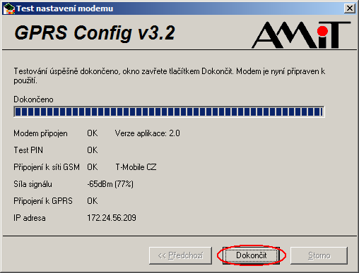 Zadané hodnoty potvrdíme tlačítkem Pokračovat, čímž dojde (v případě úspěšného spojení s modemem) k zápisu požadovaných hodnot do modemu. Obr.