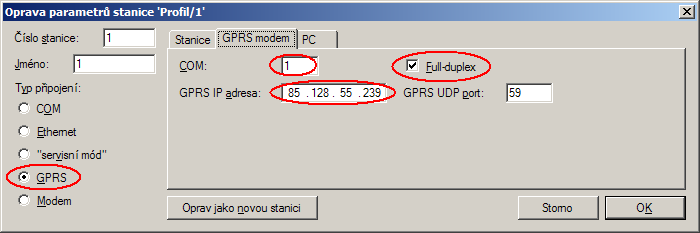 Obr. 36 - Nastavení komunikačních parametrů pro PC s připojením pomocí DM-GPRS V záložce modem vyplňte jednotlivé parametry dle informací z modemu DM-GPRS (který je připojen k PC) získaných pomocí