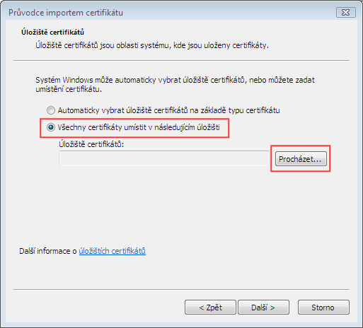 4. Zobrazí se okno Průvodce importem certifikátu, klikněte na tlačítko Další 5. Zobrazí se další okno Průvodce importem certifikátu.