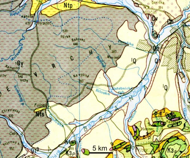 řeka Moravice splutí na lodích, turistika 1. Z polohy lokality na výřezu geologické mapy napište, v jakém geologickém období se nacházíte, jaké horniny zde můžete podle legendy nalézt. Úkol 2.