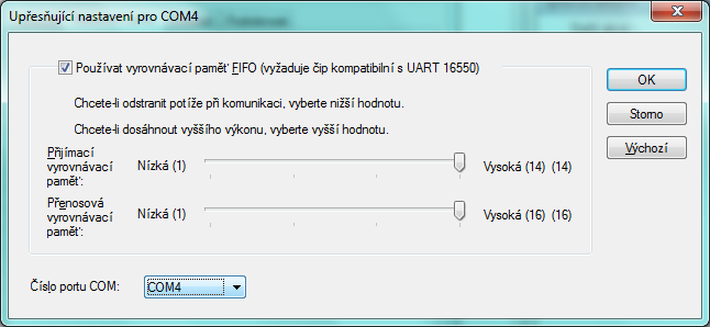 V dolní části karty lze změnit číslo COM portu.