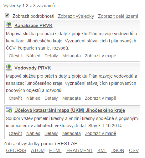 Možnosti vyhledaných metadatových záznamů Jakmile jsou zadána kritéria vyhledávání a potvrzena stiskem tlačítka hledej, objeví se v pravé části aplikace odpovídající výsledky. obr.