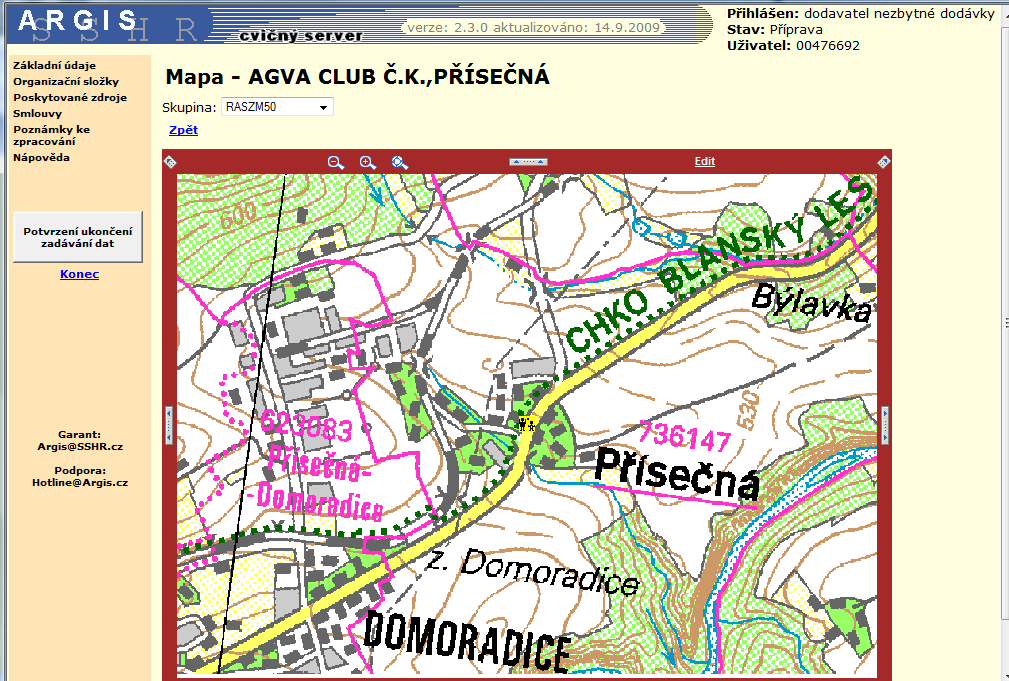 3.2.2 Mapa Odkaz Mapa zobrazuje značku dodavatele nezbytných dodávek, organizační složky podniku resp. poskytovaného zdroje na mapách z Českého úřadu zeměměřického a katastrálního (ČÚZK).