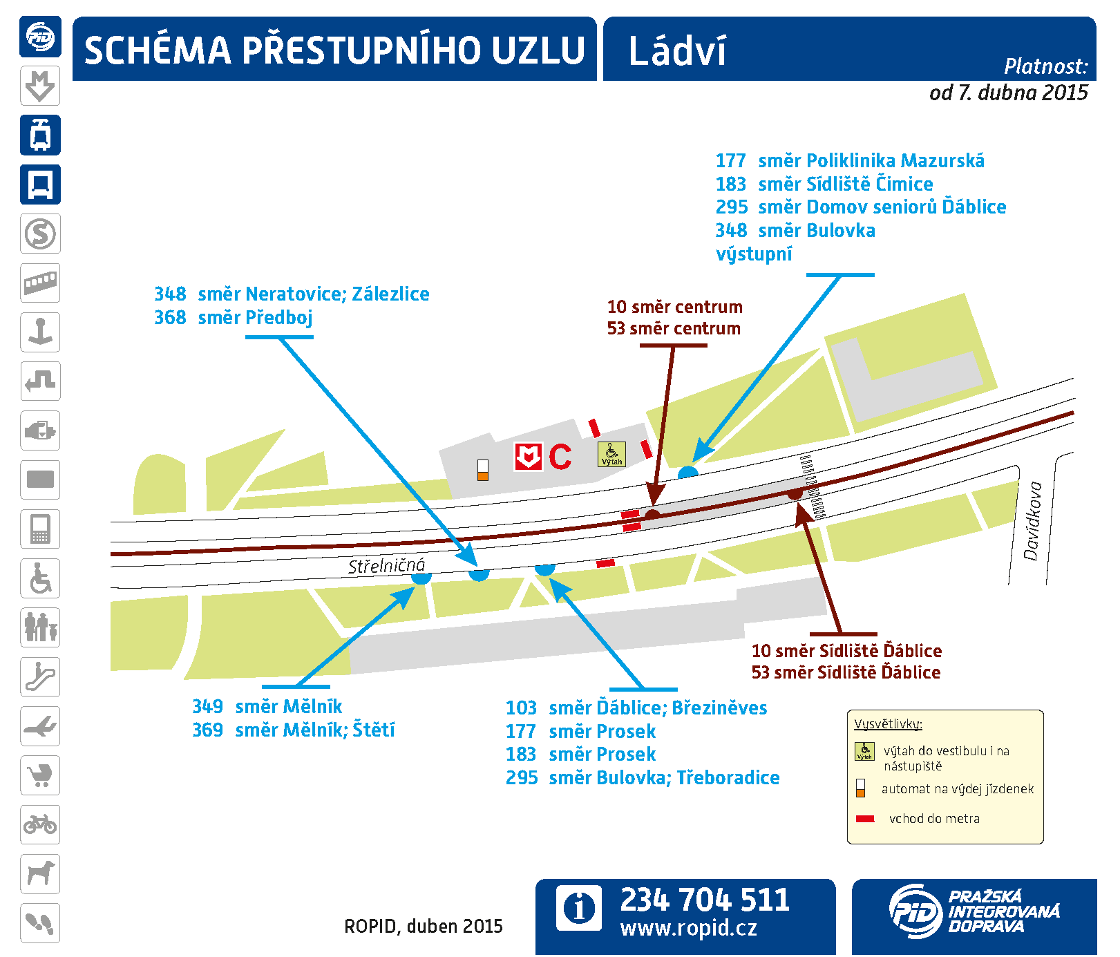 Obr. 34 - Schéma přestupního uzlu Ládví s vyznačením nástupních zastávek příměstských autobusových linek PID z oblasti Mělnicka Především v ranní špičce pracovních dnů je stav nevyhovující, resp.