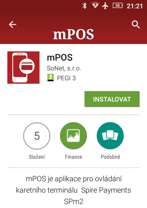 2.3.1 Stažení a instalace mpos mobilní aplikace 1. Na svém Smartphone spusťte aplikaci Obchod Play a do vyhledávacího pole zadejte tyto dvě klíčová slova: mpos sonet. 2.