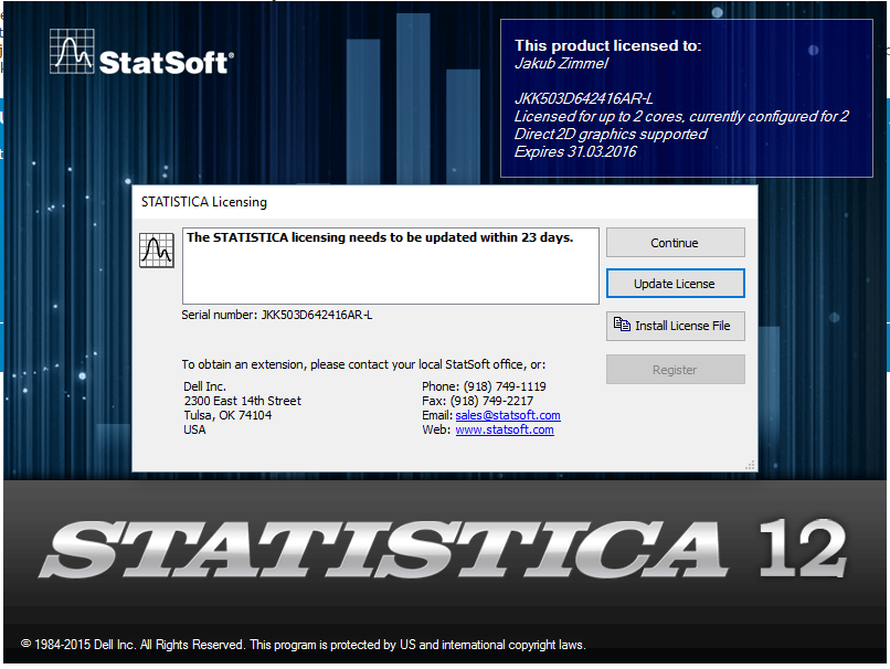 Návod na prodloužení programu Statistica Pokud se okno v bodě 1 nezobrazilo nebo jste stisknuli Continue,