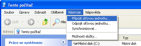 1) Otevřeme si Tento Počítač 2) Klikneme na položku Připojit síťovou jednotku a) Windows XP Nástroje -> Připojit