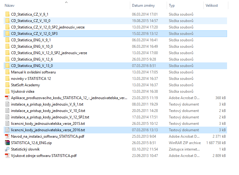 b) Vybereme si verzi: anglickou (CD_Statistica_ENG_V_13_0) nebo českou (CD_Statistica_CZ_V_12_0_SP3) a zkopírujeme složku do