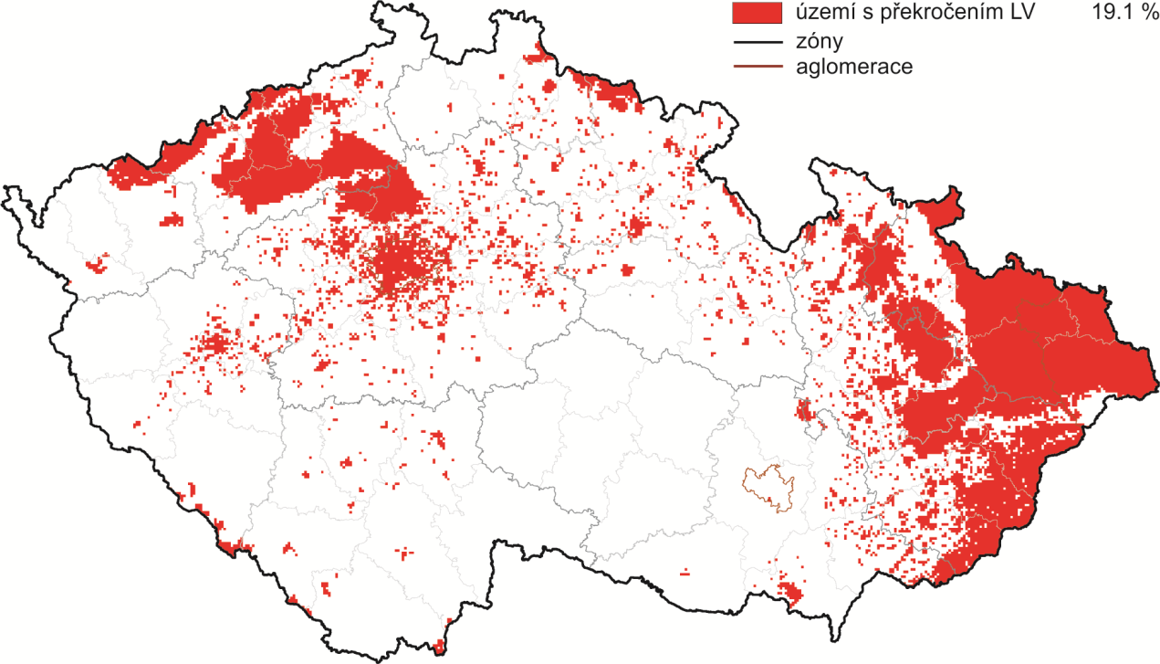 Obr. 2 Vyznačení oblastí s překročenými imisními limity pro ochranu lidského zdraví (se zahrnutím přízemního ozonu), 2014 Zdroj: ČHMÚ Tabulka 1 Navýšení celkové roční úmrtnosti o předčasná úmrtí