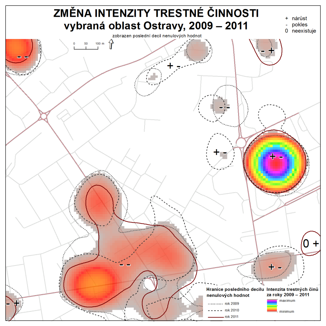 Obr. 6: Vývoj lokalit zvýšené intenzity trestných činů v letech 2009-2011 v Ostravě Zdroj: VŠB TU Ostrava, Policie ČR Komplexní vícefaktorové analýzy.