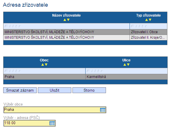 Záloţka ADRESA ZŘIZOVATELE Pokud se po Validaci ARES nenačte