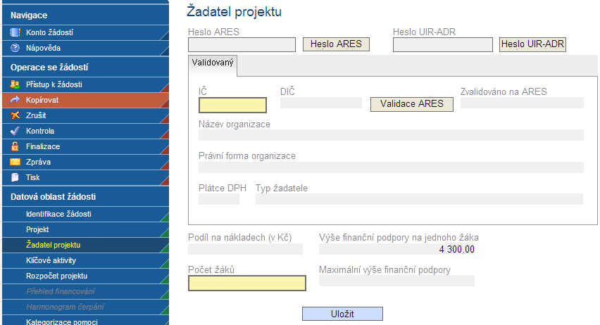 Záloţka ŢADATEL PROJEKTU Po doplnění počtu ţáků a