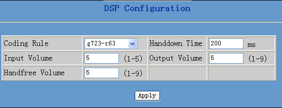 7.5.4 Konfigurace DSP Na této stránce se nastavují parametry pro hlasový procesor použitý kodek, hlasitost vstupu/výstupu, ID volajícího a podobně.