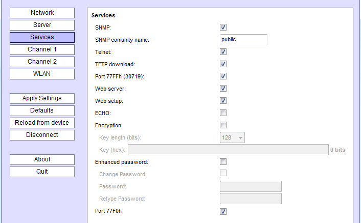 wignome S e r v i c e s Zde se nastavuje, které služby serveru uvnitř převodníku mají být aktivní, a je zde také nastavení šifrování datového kanálu (jde o šifrování dat na úrovni TCP/IP, ne WiFi).