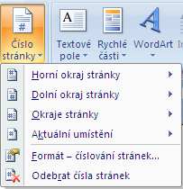 Záhlaví a zápatí Pomocí karty Záhlaví a zápatí můžeme vkládat do dokumentu záhlaví, zápatí a čísla stránek. 1. Záhlaví na začátek stránky můžeme vložit libovolný text, obrázek nebo logo 2.