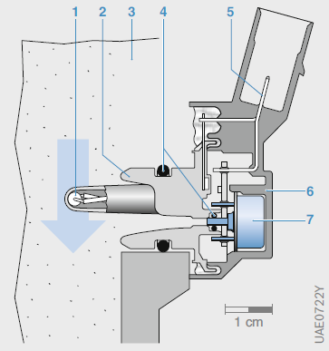 Obr. 5 Mikromechanický snímač tlaku s referenčním vakuem na straně struktury [1] 1 - Snímač teploty, 2 Spodní část pouzdra, 3 Stěna sacího potrubí, 4 Těsnící kroužky, 5 Konektor, 6 Víko pouzdra, 7