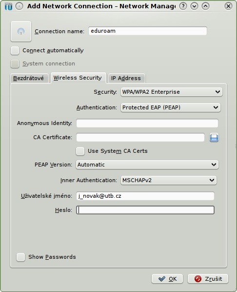 5. Potom přepněte do záložky Wireless Security, kterou vyplníte následujícím způsobem: V položce Security zvolte WPA/WPA2 Enterprise Do pole Authentication zvolte Protected EAP (PEAP) Do kolonky