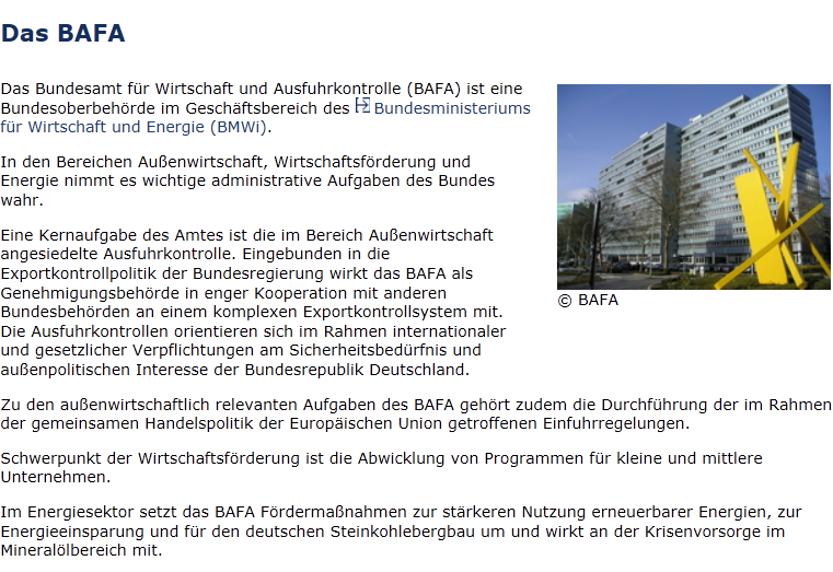 NĚKTERÉ DALŠÍ CERTIFIKAČNÍ SYSTÉMY - NĚMECKO BAFA Bundesamt für Wirtschaft und Ausfuhrkontrolle Oblast: Import výrobků do Německa (tepelná zařízení.