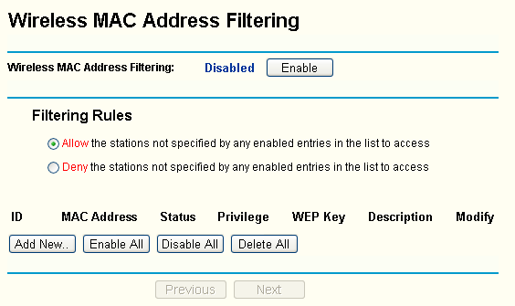 3.4.4 Filtrování adres MAC Moţnosti nastavení filtrování adres MAC pro bezdrátové sítě jsou uvedeny na této stránce, Obrázek 3-12.