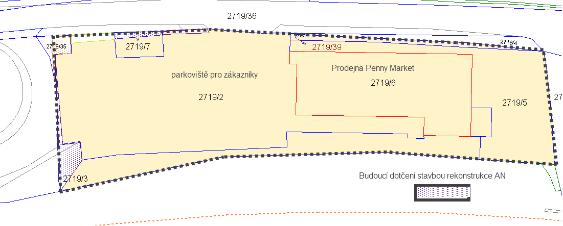 Odůvodnění: Žadatel je provozovatelem diskontu Penny Marketu včetně zákaznického parkoviště. Pozemky užívá žadatel na základě NS, která byla uzavřená v roce 1995.