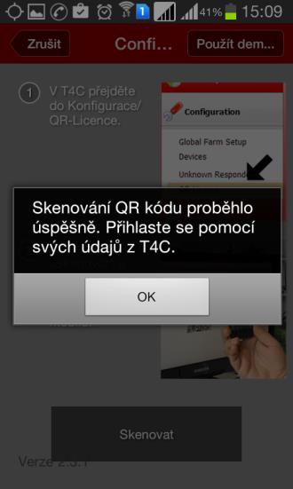 8. Zaškrtnutím Souhlasu s licenčními podmínkami a stiskem tlačítka I Accept se zobrazí QR kód - pro Vaši farmu specifický klíč, ke spojení T4C s T4C InHerd.