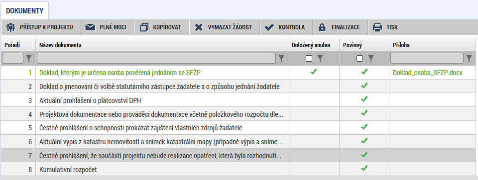 Tímto způsobem žadatel nahraje všechny předdefinované povinné přílohy. Povinně volitelné přílohy jsou dále přikládány v závislosti na zaměření konkrétního projektu.