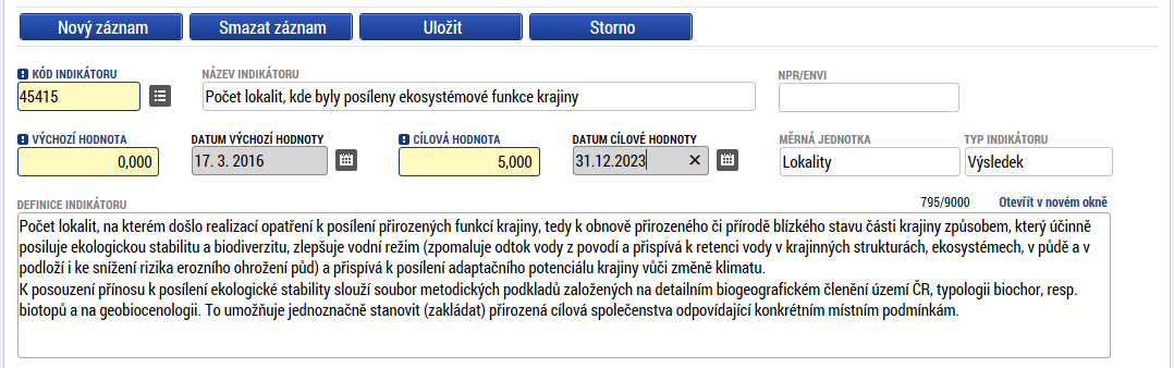 Žadatel v nabídce povinně volitelných indikátorů postupně označí ty, které jsou relevantní pro realizovaný typ opatření.