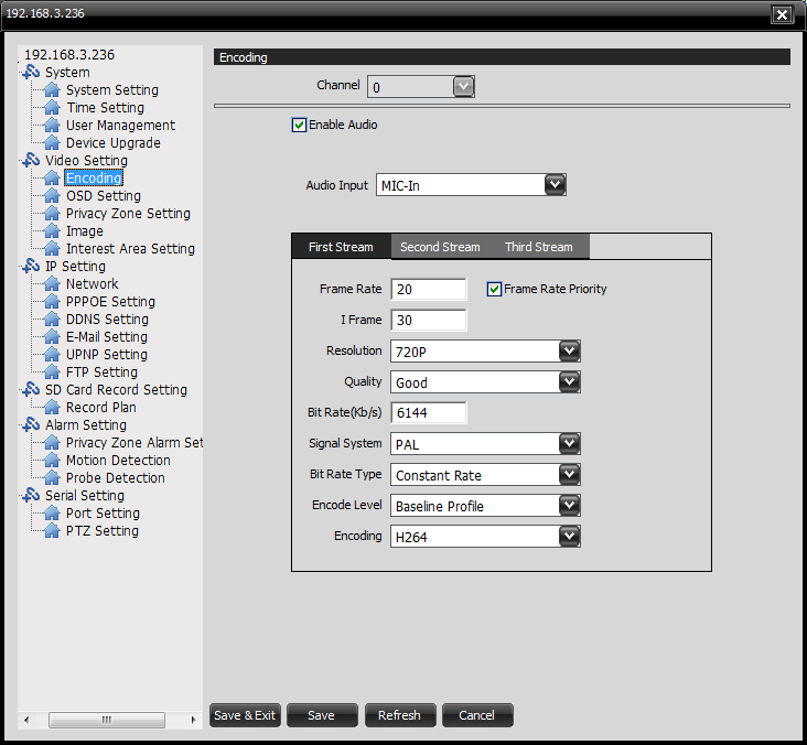 Video Setting Nastavení videa Encoding - Kódování Uživatel si