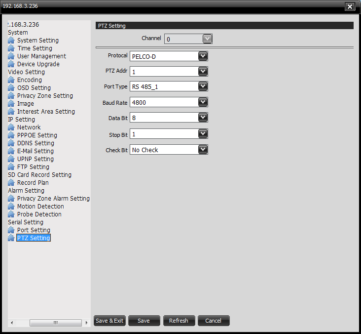 PTZ Setting Nastavení PTZ Uživatel si může nastavit parametry pro PTZ řízení a