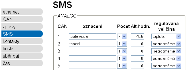 Pokyny V menu Nastavení / SMS jsou zadávána označení pro pokyny SMS. Pokud je odeslána zpráva SMS s tímto označením (včetně hodnoty a vykřičníku) do modulu C.M.I.