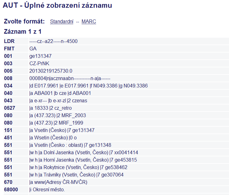 Ukázka GEO záznamu MARC21 M.