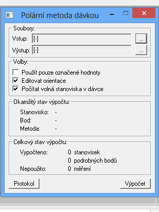 Výpočty: klikneme nahoře v liště na Výpočty, rozbalí se seznam úloh, vybereme si: POLÁRNÍ METODA ze seznamu souřadnic si myší přetáhneme údaje stanoviska a orientace doplníme měřená data přidat pak