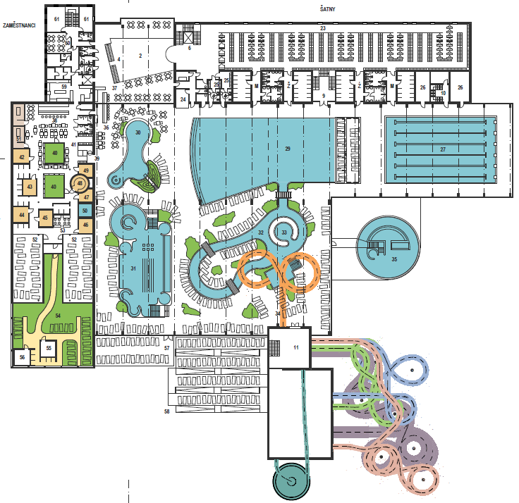 Obrázek 4: Aquapark Plzeň půdorys 1. patra Zdroj: Architektonická studie Plzeň - Aquapark II.