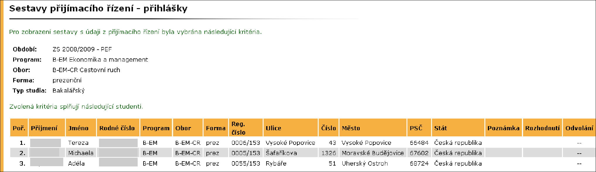 Obrázek 26 Příklad statistiky počtu přihlášek podle programů, zaměření a forem Obrázek 27 Příklad statistiky počtu přihlášek podle místa, odkud se uchazeči hlásí Obrázek 28 Příklad statistiky počtu