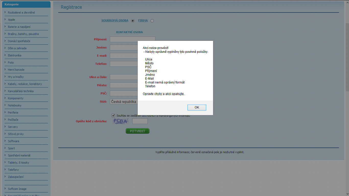 Krok 2 Obrázek 2 - Registrační formulář Obrázek 3 - Upozornění na špatně vyplněný registrační formulář Uživatel musí vyplnit formulář a kliknout na tlačítko "Potvrdit"