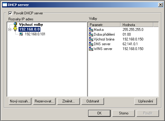 Na následujícím obrázku je znázorněna konfigurace DHCP serveru. Rozsah IP adres 192.168.0.100-192.168.0.149. Výchozí brána je zde zároveň adresa počítače - serveru.
