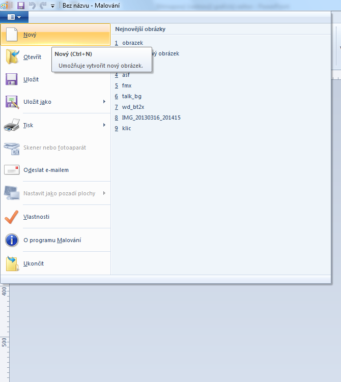 Malování vytvoření nového obrázku 1 2 Pro vytvoření nového obrázku v Malování, můžeme použít klávesovou zkratku Ctrl +