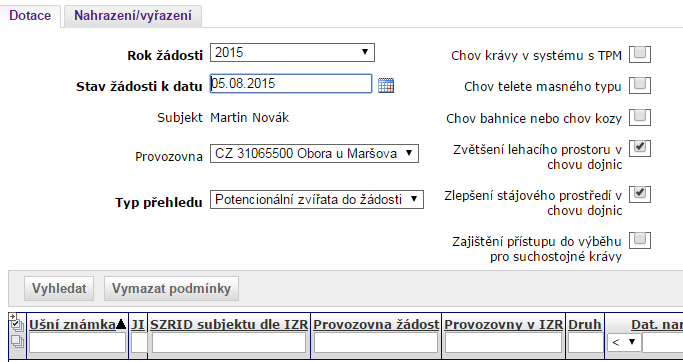 Detail zvířete: Po otevření detailu bylo zjištěno, že zvíře bylo vyřazeno 5.8.2015. K tomuto datu je třeba hledat potenciální náhradu. V případě úhynu, resp.