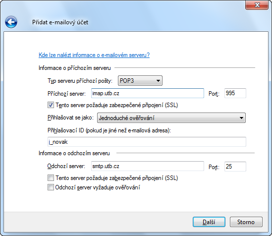 Do kolonky 4. Otevře se Vám další konfigurační okno, které vyplníte následujícím způsobem: Vyplňte Typ serveru příchozí pošty: Zvolte POP3 nebo IMAP (viz strana 1) Příchozí server imap.utb.