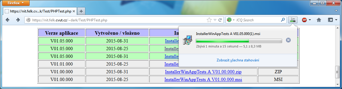 Mozila FireFox WWW stránka pro instalaci aplikace Průběh stahování z WWW lze kontrolovat pomocí malého zeleného přibývajícího proužku v pravé horní části aplikace internetového prohlížeče.